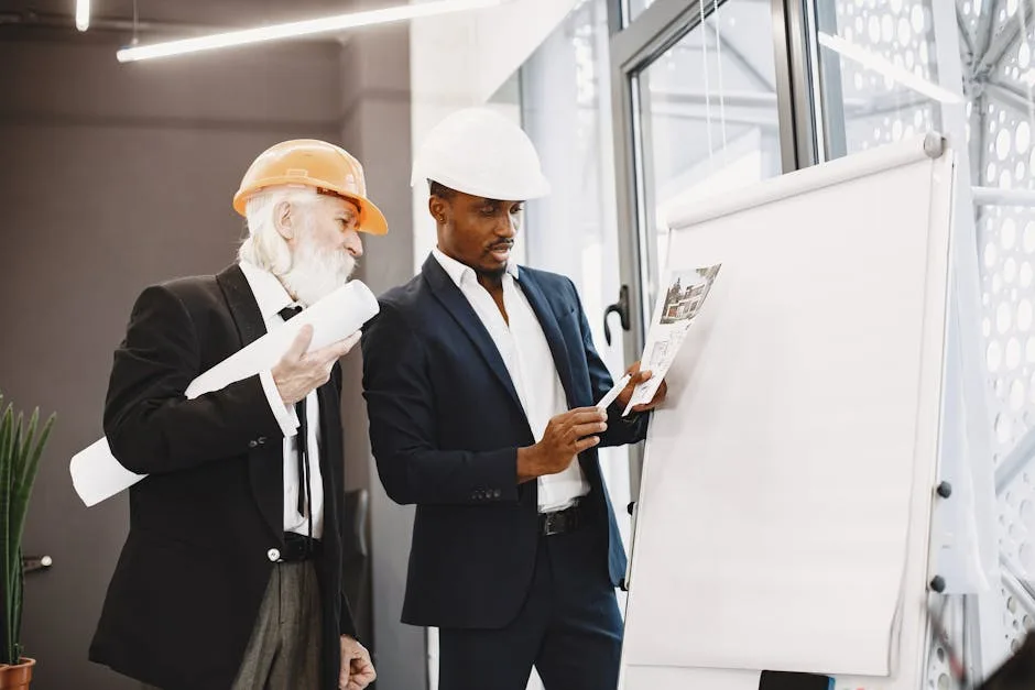 Deux professionnels en discussion devant un plan de construction